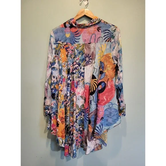 Feratelli Colorful Floral Artsy Semi Sheer Asymmetrical Button Up Tunic Top XL - Picture 5 of 7